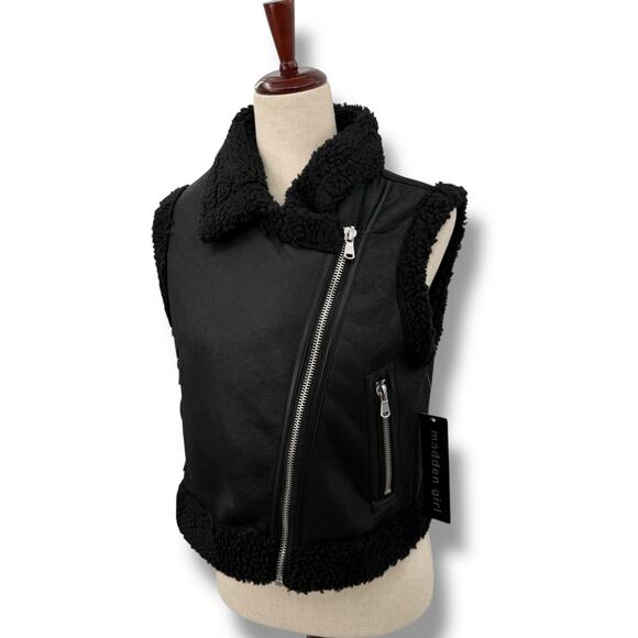 NWT Madden Girl Black Faux Shearling Suede Vest Medium Moto Zip Sleeveless - Picture 4 of 8